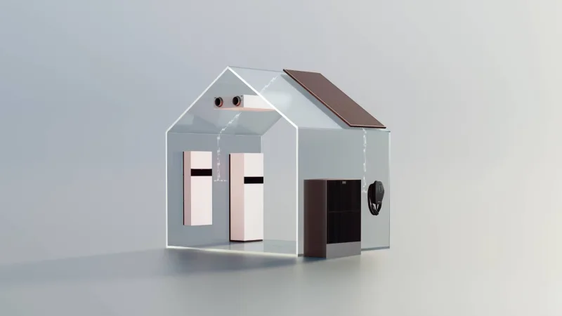 Schema eines Hauses mit Solarmodulen, Speicher, Wärmepumpe und Wallbox