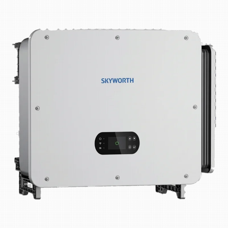 Weißer Skyworth-Hybridwechselrichter SWH für Gewerbe mit Display und seitlichen Kühlrippen