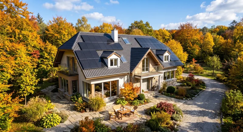 Einfamilienhaus mit Solarmodulen auf dem Ziegeldach